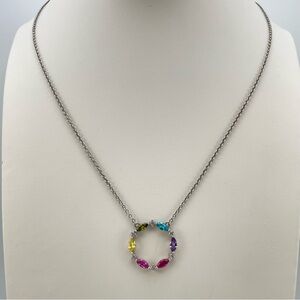 Delicate 925 Sterling Silver Circle Pendant Necklace with Multicolor Gemstones